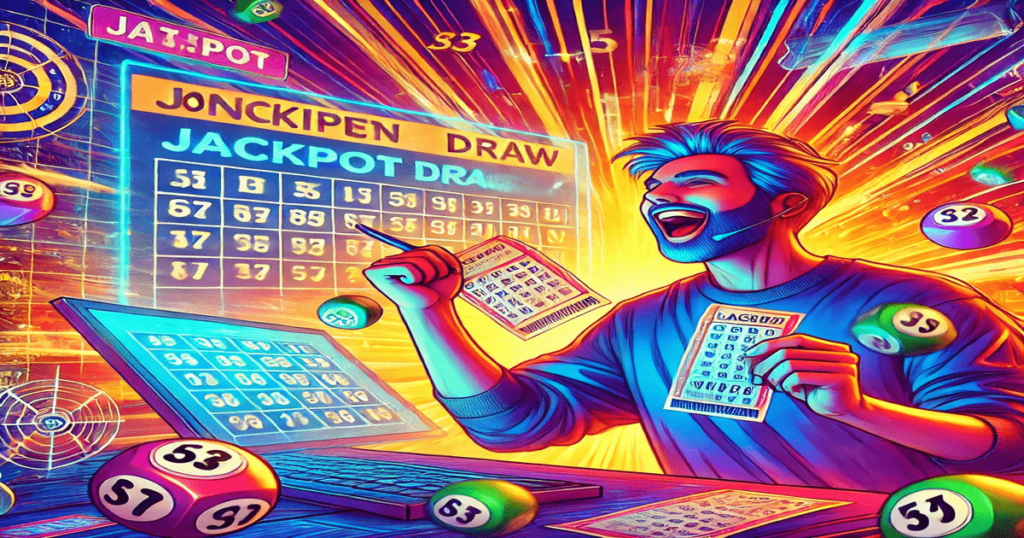 A dynamic and vibrant representation of online lotteries, featuring colorful lottery tickets, a large jackpot displayed on a digital screen, and an excited person holding a winning ticket. The background includes a digital prize draw machine, emphasizing the online nature of the lottery.